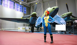 Size: 2000x1177 | Tagged: safe, artist:erinliona, rainbow dash, human, g4, bomber, clothes, cosplay, costume, irl, irl human, pe-2, photo, plane, solo, uniform, wonderbolts uniform