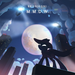 Size: 1688x1688 | Tagged: safe, artist:erinliona, mare do well, pony, g4, album cover, camera, city, full moon, moon, solo
