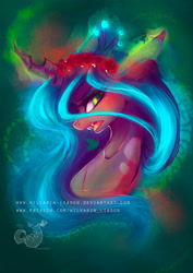 Size: 2480x3508 | Tagged: safe, artist:wilvarin-liadon, queen chrysalis, changeling, changeling queen, g4, blushing, bust, fangs, female, floral head wreath, flower, high res, mare, patreon, portrait, solo, watermark