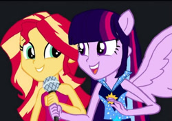 Size: 685x482 | Tagged: safe, artist:sunriseshimmer1275, sunset shimmer, twilight sparkle, human, equestria girls, g4, my little pony equestria girls: rainbow rocks, black background, duo, duo female, female, jpg, looking at each other, looking at someone, microphone, simple background, welcome to the show