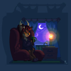 Size: 1000x1000 | Tagged: safe, artist:gor1ck, oc, oc only, oc:juniper lîdje, deer, armchair, bathrobe, candle, chair, clothes, commission, crescent moon, curtains, deer oc, glasses, male, moon, mug, non-pony oc, robe, slippers, solo