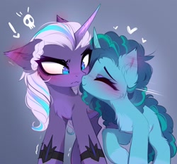 Size: 2821x2628 | Tagged: safe, artist:magnaluna, misty brightdawn, opaline arcana, alicorn, pony, unicorn, g5, my little pony: make your mark, spoiler:g5, spoiler:my little pony: make your mark, blushing, boop, curly mane, duo, female, harsher in hindsight, high res, lesbian, mare, noseboop, ship:mistyline, shipping