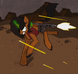 Size: 2144x2050 | Tagged: safe, oc, oc only, pony, unicorn, fallout equestria, angry, clothes, dirt, female, gun, high res, horn, mare, shooting, solo, unicorn oc, vest, wasteland, weapon