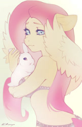 Size: 758x1175 | Tagged: safe, artist:eltaile, angel bunny, fluttershy, pegasus, rabbit, anthro, g4, animal, cute, duo, equine, female, holding, looking at you, mare, shyabetes, simple background