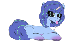 Size: 3840x2160 | Tagged: safe, artist:straighttothepointstudio, misty brightdawn, pony, unicorn, g5, my little pony: make your mark, :p, curly hair, curly mane, digital art, female, freckles, happy, high res, looking at you, lying down, mare, simple background, solo, tongue out, transparent background, unshorn fetlocks