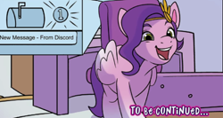 Size: 896x475 | Tagged: safe, idw, pipp petals, pegasus, pony, g5, my little pony: a new generation, spoiler:comic, spoiler:g5comic, spoiler:g5comic04, ..., cropped, email, female, headband, implied discord, jewelry, mail, mailbox, mare, regalia, solo, to be continued
