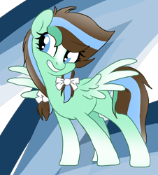 Size: 1398x1544 | Tagged: artist needed, source needed, safe, oc, oc only, oc:mint sky, pegasus, pony, blue eyes, brown hair, brown tail, cute, female, hooves, mare, smiling, standing, tail