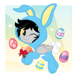 Size: 5000x5000 | Tagged: safe, artist:jhayarr23, oc, oc only, oc:lightning dee, pegasus, pony, animal costume, bunny costume, clothes, colored sclera, commission, costume, easter egg, fangs, female, folded wings, mare, one eye closed, solo, wings, wink, ych result