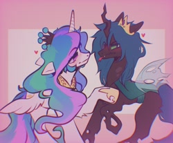 Size: 1614x1334 | Tagged: safe, artist:saberkitty666, princess celestia, queen chrysalis, alicorn, changeling, pony, g4, accessory swap, crown, cute, cutealis, cutelestia, duo, female, floating heart, heart, horn, jewelry, lesbian, looking at each other, looking at someone, regalia, ship:chryslestia, shipping, wings