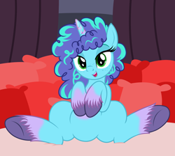 Size: 2092x1872 | Tagged: safe, artist:badumsquish, derpibooru exclusive, misty (g5), pony, unicorn, g4, g5, spoiler:g5, bed, bedroom eyes, blanket, bust, coat markings, curly mane, curtains, featureless crotch, female, freckles, g5 to g4, generation leap, happy, looking at you, mare, pillow, sitting, smiling, socks (coat markings), solo, spread legs, spreading, two toned coat, unshorn fetlocks, what are we gonna do on the bed?