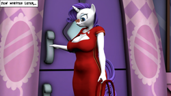 Size: 1920x1080 | Tagged: safe, artist:zapattackinflation, rarity, earth pony, anthro, series:apple bloom and the mysterious doll, g4, 3d, big breasts, breasts, busty rarity, carousel boutique, clothes, door, dress, female, glasses, purse, rarity's glasses, smiling, solo, source filmmaker, text