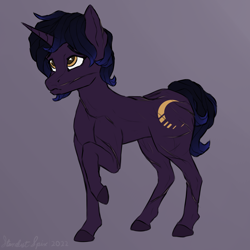 Size: 2500x2500 | Tagged: safe, artist:stardustspix, oc, oc only, oc:gloam, pony, unicorn, blue mane, blue tail, female, high res, mare, orange eyes, petite, purple coat, scar, solo, tail