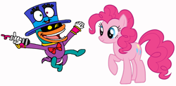 Size: 1202x593 | Tagged: safe, artist:pagiepoppie12345, pinkie pie, earth pony, pony, g4, big top (mario party 8), bowtie, clothes, crossover, cufflinks, female, gremlin, hat, male, mare, mario party, mario party 8, mc ballyhoo, microphone, one eye closed, raised hoof, simple background, smiling, super mario bros., tuxedo, white background, wink