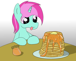 Size: 2000x1600 | Tagged: safe, artist:amateur-draw, oc, oc only, oc:belle boue, pony, unicorn, butter, food, male, pancakes, solo, stallion, syrup, tongue out
