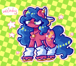 Size: 2315x2037 | Tagged: safe, artist:toaestt, melody, earth pony, pony, g1, my little pony tales, bow, checkered background, chest fluff, clothes, curly hair, ear piercing, earring, female, hair bow, high res, jewelry, leg warmers, necklace, piercing, solo, wavy mane