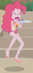 Size: 396x864 | Tagged: safe, screencap, pinkie pie, human, equestria girls, equestria girls series, g4, too hot to handle, bare shoulders, barefoot, clothes, eyes closed, feet, hotfoot, jumping, one-piece swimsuit, ouch, pain, pinkie pie swimsuit, sleeveless, snow cone, solo, swimsuit, tray