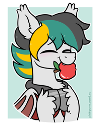 Size: 1185x1500 | Tagged: safe, artist:pink-pone, oc, oc only, bat pony, pony, apple, food, herbivore, male, solo, stallion