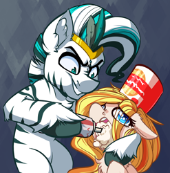 Size: 2424x2455 | Tagged: safe, artist:witchtaunter, oc, oc only, oc:upsetti spaghetti, earth pony, pony, zebra, angry, crown, crying, ear fluff, eye clipping through hair, feather, floppy ears, food, force feeding, funny, gradient background, headlock, high res, jewelry, pasta, regalia, sad, smiling, smirk, spaghetti, whipped cream, zebra oc