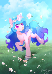 Size: 1000x1414 | Tagged: safe, artist:dreamsugar, izzy moonbow, pony, unicorn, g5, spoiler:g5, blue sky, female, floral head wreath, flower, glowing, glowing horn, horn, magic, mare, meadow, open mouth, open smile, smiling, solo, telekinesis