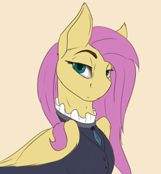 Size: 1997x2160 | Tagged: safe, artist:tenebrisnoctus, fluttershy, pegasus, pony, g4, colored, female, flat colors, fluttergoth, looking at you, mare, simple background, solo, sternocleidomastoid, yellow background