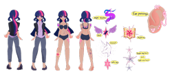 Size: 800x345 | Tagged: safe, artist:windywendy29, twilight sparkle, human, g4, alternate hairstyle, barefoot, belly button, black underwear, blazer, bra, clothes, coat, commission, denim, ear piercing, earring, feet, female, flats, humanized, jeans, jewelry, panties, pants, piercing, reference sheet, shirt, shoes, simple background, solo, tattoo, transparent background, underwear