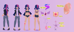 Size: 800x345 | Tagged: safe, alternate version, artist:windywendy29, twilight sparkle, human, g4, alternate hairstyle, barefoot, belly button, black underwear, blazer, bra, clothes, coat, commission, denim, ear piercing, earring, feet, female, flats, humanized, jeans, jewelry, panties, pants, piercing, purple background, reference sheet, shirt, shoes, simple background, solo, tattoo, underwear