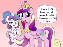 Size: 2877x2121 | Tagged: safe, artist:heretichesh, princess cadance, princess flurry heart, alicorn, pony, g4, :p, blushing, crown, dialogue, duo, duo female, female, filly, foal, high res, holding a pony, hoof hold, jewelry, lidded eyes, looking at you, mare, mother and child, mother and daughter, open mouth, ponytail, regalia, smiling, smirk, smug, text, tongue out
