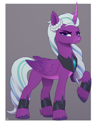 Size: 1464x1887 | Tagged: safe, artist:luminousdazzle, opaline arcana, alicorn, pony, g5, my little pony: make your mark, spoiler:my little pony: make your mark, accessory, angry, evil, female, folded wings, frown, gradient horn, horn, looking at you, mare, multicolored mane, raised hoof, redesign, solo, unshorn fetlocks, wings