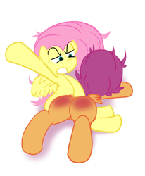 Size: 600x728 | Tagged: artist needed, safe, fluttershy, scootaloo, pegasus, pony, g4, 4chan, abuse, angry, butt, child abuse, discipline, duo, flutterbitch, go to sleep diamond tiara, out of character, over the knee, plot, punishment, reddened butt, scootabuse, scootabutt, simple background, spank mark, spanking, white background