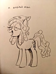Size: 768x1024 | Tagged: safe, artist:mellodillo, tree hugger, earth pony, pony, g4, female, high, lidded eyes, mare, monochrome, open mouth, pencil drawing, solo, traditional art