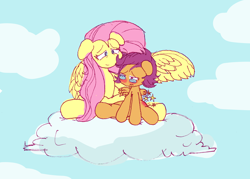 Size: 4200x3000 | Tagged: artist needed, safe, fluttershy, scootaloo, pegasus, pony, g4, 4chan, blushing, cloud, colored, comforting, crying, duo, hug, on a cloud, sitting, sitting on a cloud, smiling, spank mark, spanked, tears of pain, traditional art, winghug, wings