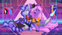 Size: 3840x2160 | Tagged: safe, artist:wavecipher, oc, oc only, oc:cinnabyte, oc:lillybit, earth pony, pony, clothes, commission, computer, computer mouse, duo, headphones, heart, high res, hoof heart, laptop computer, retro, socks, striped socks, white pupils