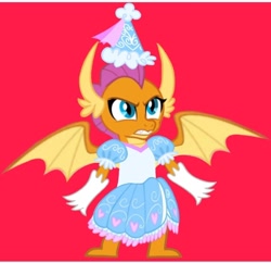 Size: 720x696 | Tagged: safe, alternate version, artist:darlycatmake, smolder, dragon, g4, angry, clothes, cute, defending, dragon wings, dragoness, dress, dressup, female, froufrou glittery lacy outfit, glare, gloves, gritted teeth, hat, hennin, long gloves, mama bear, princess, princess smolder, protecting, puffy sleeves, ready to fight, red background, simple background, smolderbetes, spread wings, squint, teeth, wings