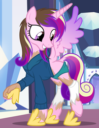 Size: 1485x1900 | Tagged: safe, artist:anonymous, princess cadance, g4, /ptfg/, blank flank, clothes, eye color change, female, grin, hoodie, hoof shoes, human to pony, mare, mid-transformation, moderate dark skin, princess shoes, raised leg, show accurate, smiling, socks, spread wings, torn clothes, torn socks, transformation, underwear, wings