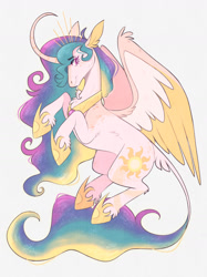 Size: 1280x1707 | Tagged: safe, artist:wanderingpegasus, princess celestia, alicorn, pony, g4, alternate hairstyle, blue background, chest fluff, curved horn, cute, cutelestia, facial hair, female, freckles, goatee, hoof shoes, horn, jewelry, leonine tail, mare, markings, regalia, simple background, solo, tail