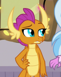 Size: 547x686 | Tagged: safe, screencap, silverstream, smolder, classical hippogriff, dragon, hippogriff, g4, season 8, the hearth's warming club, cropped, dragoness, female, hand on hip, offscreen character, smolder is not amused, solo focus, unamused