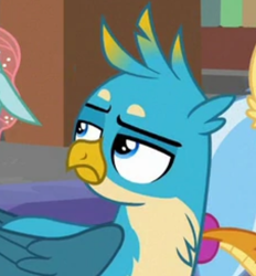 Size: 680x732 | Tagged: safe, screencap, gallus, ocellus, smolder, changedling, changeling, dragon, griffon, g4, what lies beneath, cropped, gallus is not amused, looking up, solo focus, unamused
