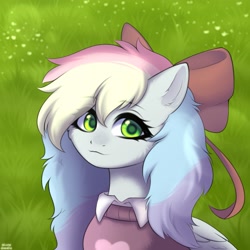 Size: 2399x2399 | Tagged: safe, artist:alunedoodle, oc, oc only, oc:blazey sketch, pegasus, pony, bow, bust, clothes, commission, grass, green eyes, grey fur, hair bow, high res, long hair, looking at you, multicolored hair, pegasus oc, portrait, shading, small wings, smiling, smiling at you, solo, sweater, uwu, wings, ych result