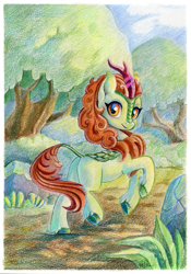 Size: 841x1200 | Tagged: safe, artist:maytee, autumn blaze, kirin, g4, awwtumn blaze, butt, colored pencil drawing, cute, forest, looking at you, looking back, looking back at you, path, plot, rock, smiling, solo, traditional art, tree