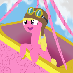 Size: 3000x3000 | Tagged: safe, artist:reinbou, cherry berry, earth pony, pony, g4, aviator goggles, aviator hat, cute, female, goggles, happy, hat, high res, hot air balloon, mare, open mouth, open smile, sky, smiling, solo
