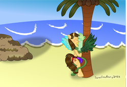Size: 1614x1120 | Tagged: safe, artist:sorasleafeon, oc, oc only, oc:ej, oc:gregory griffin, alicorn, griffon, pony, alicorn oc, beach, bipedal, blue sky, clothes, coconut, duo, ejgory, eyes closed, food, gay, griffon oc, horn, kissing, making out, male, original character do not steal, palm tree, panties, rock, sand, signature, speedo, spread wings, stallion, stallion on stallion, swimsuit, tree, underwear, water, wings