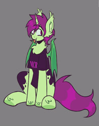 Size: 2363x3000 | Tagged: safe, artist:k0br4, oc, oc:mxmx fw, bat pony, bat pony unicorn, hybrid, pony, unicorn, chest fluff, clothes, ear fluff, emo, eyeliner, fangs, high res, horn, makeup, my chemical romance, shirt, sitting, smiling, solo, t-shirt
