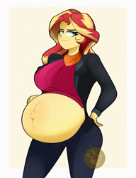 Size: 2000x2600 | Tagged: safe, artist:diamondgreenanimat0, sunset shimmer, human, comic:inner thoughts, equestria girls, g4, belly, belly blush, belly button, big belly, breasts, busty sunset shimmer, clothes, female, hand on hip, high res, hyper, hyper belly, hyper pregnancy, looking up, outie belly button, pregnant, red hair, redraw, simple background, sunset preggers, yellow hair