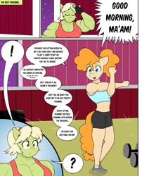 Size: 2096x2599 | Tagged: safe, artist:matchstickman, granny smith, pear butter, earth pony, anthro, comic:the other side, g4, barn, clothes, comic, dumbbell (object), female, granny smash, high res, mare, muscles, muscular female, pear buffer, teenager, weights, young granny smith, younger