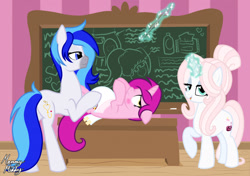 Size: 1280x900 | Tagged: safe, artist:mommymidday, oc, oc only, oc:hooklined, oc:mantra, oc:mommy midday, earth pony, pony, unicorn, abdl, adult foal, alternate color palette, blushing, chalk, chalkboard, class, classroom, commission, desk, diaper, diaper change, diaper fetish, earth pony oc, embarrassed, female, fetish, floppy ears, glowing, glowing horn, hair bun, horn, humiliation, lying down, magic, magic aura, mare, non-baby in diaper, on back, pointer, raised hoof, show accurate, signature, teacher, telekinesis, trio, trio female, unicorn oc