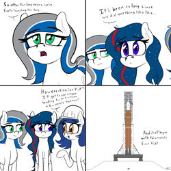 Size: 4037x4037 | Tagged: safe, artist:seafooddinner, oc, oc only, oc:boeingpone, oc:nasapone, oc:ulapone, earth pony, pony, 4 panel comic, clothes, comic, dialogue, female, glasses, hard hat, hat, mare, nasa, rocket, simple background, sls