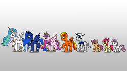 Size: 1920x1080 | Tagged: safe, artist:platinumdrop, apple bloom, princess celestia, princess luna, scootaloo, sweetie belle, oc, oc:asteroid angus, oc:tarka dal, g4, cutie mark crusaders, dancing, gradient background, request, simple background, спрауты