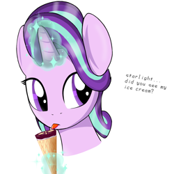 Size: 1280x1280 | Tagged: safe, artist:theuser, starlight glimmer, pony, unicorn, g4, food, ice cream, ice cream cone, magic, simple background, solo, telekinesis, tongue out, white background