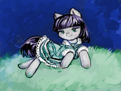 Size: 1233x928 | Tagged: safe, artist:kovoranu, maud pie, earth pony, pony, g4, clothes, cute, dress, lying down, prone, smiling, solo, when she smiles