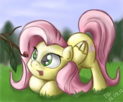 Size: 1800x1500 | Tagged: safe, artist:bessovestniy, fluttershy, insect, ladybug, pegasus, pony, g4, cute, daaaaaaaaaaaw, face down ass up, female, looking at something, mare, open mouth, shyabetes, solo